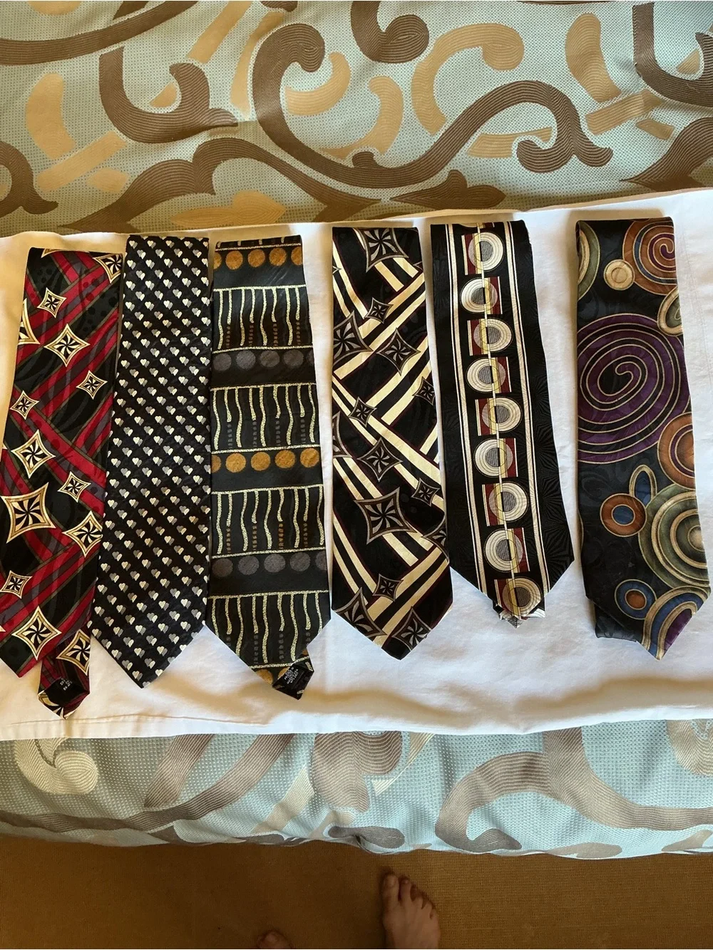 5 Vintage Black Multicolor Men's Ties w/ 2 Tie Clips